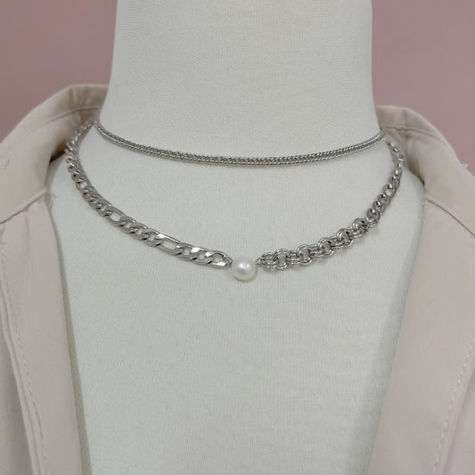 COLLAR DOBLE PERLA PLATEADO